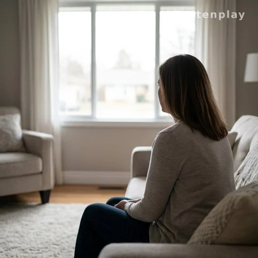 Femme de dos seule dans un salon, évoquant la solitude parentale après le départ des enfants
