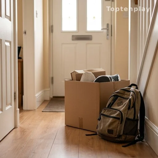 Cartons de déménagement et sac à dos devant une porte d'entrée, symbole du départ d'un enfant