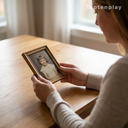 Mains d'une mère tenant un cadre photo d'enfant, symbole du souvenir et de l'identité parentale