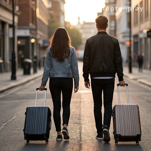 Deux jeunes adultes de dos avec bagages dans une rue, illustrant le départ des enfants du foyer familial