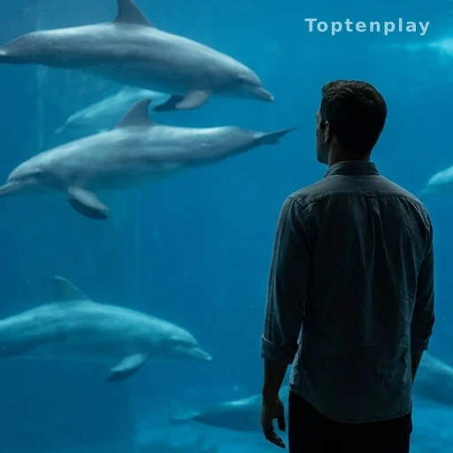 Silhouette d'un homme face à un bassin de dauphins, anecdote de grossesse