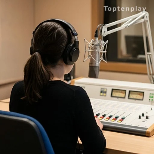 Jeune journaliste de dos dans un studio radio avec micro et casque