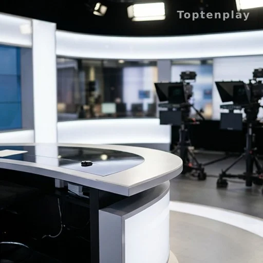 Plateau de journal télévisé avec bureau de présentatrice et caméras
