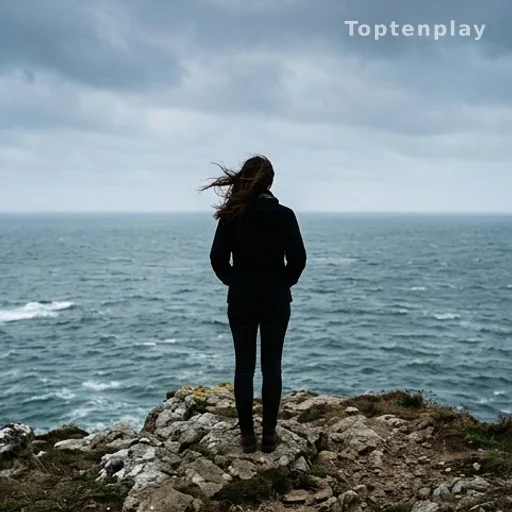 Silhouette de femme de dos face à la mer sur le littoral breton