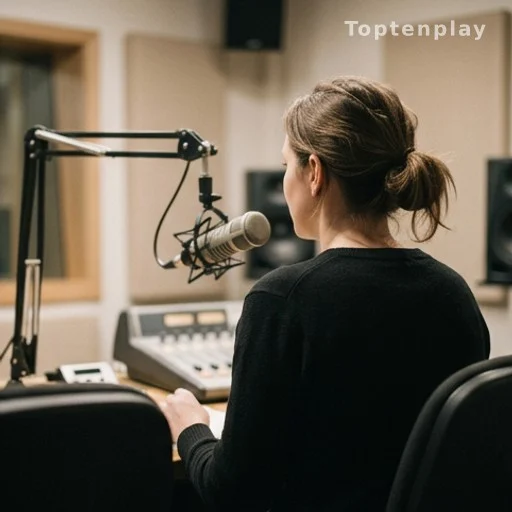 Silhouette de dos d'une femme devant un micro de studio radio