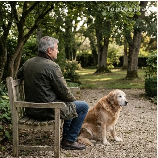 Homme de dos assis auprès d'une vieille chienne dans un jardin verdoyant