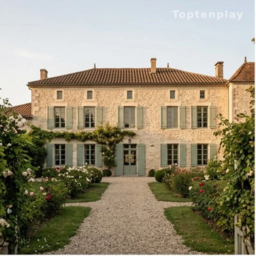 Propriété de campagne française en pierre entourée de verdure, domaine familial