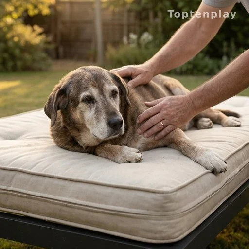 Chienne âgée allongée sur un matelas dans un jardin, caressée par son maître