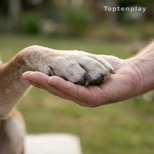 Patte de vieille chienne posée dans la main de son maître, lien affectif animal
