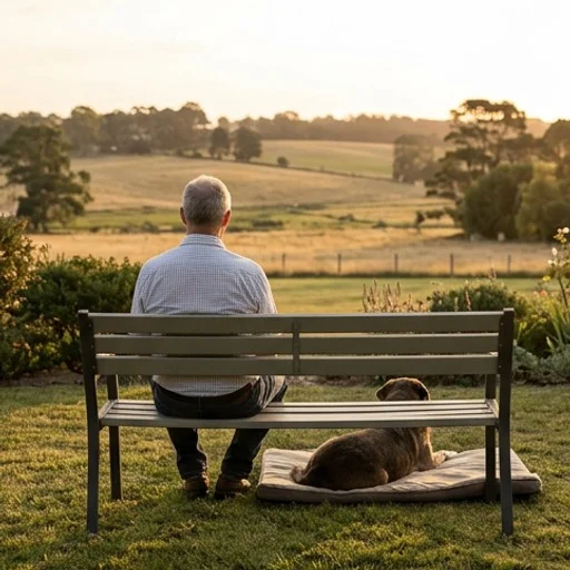 Homme de dos assis près de son chien dans le jardin d'une propriété de campagne