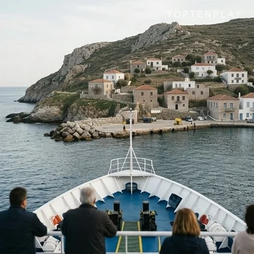 Ferry arrivant vers une île grecque isolée