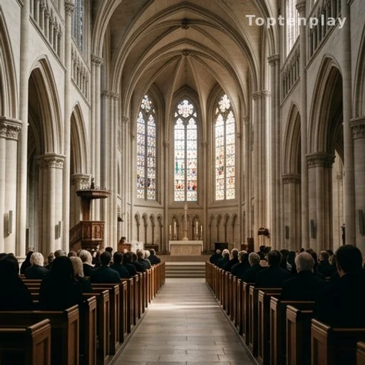 Intérieur d'une basilique parisienne lors d'une cérémonie funèbre