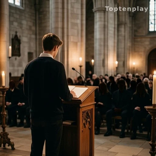 Jeune homme prononçant un discours à un pupitre lors d'une cérémonie religieuse