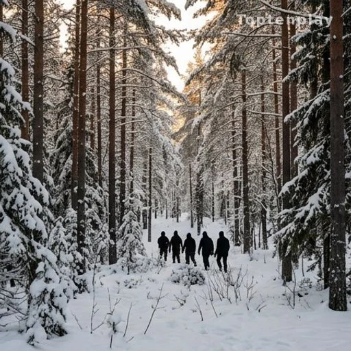 Groupe de silhouettes marchant dans une forêt enneigée, illustration du roman Le Dernier Sanctuaire