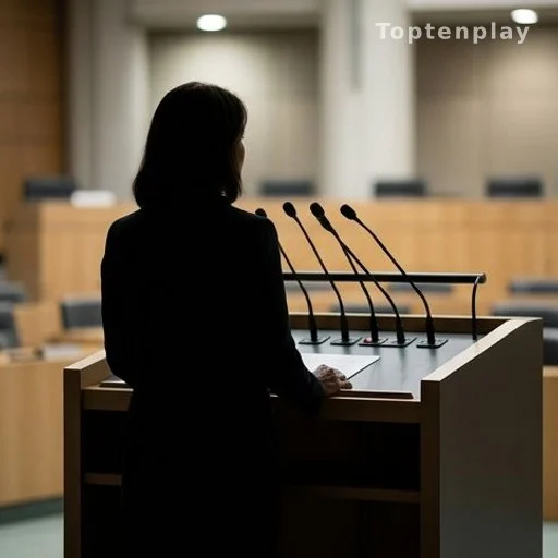 Silhouette féminine de dos à un pupitre avec microphones, évoquant une prise de parole à l'Assemblée nationale