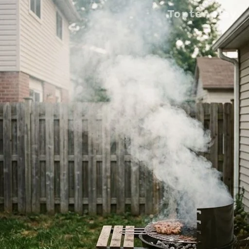 Fumée épaisse d'un barbecue se propageant vers la clôture d'un voisin