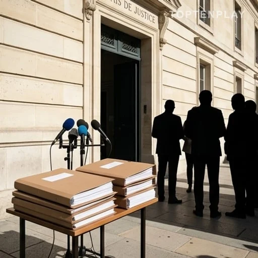 Dossiers de justice et micros devant un tribunal