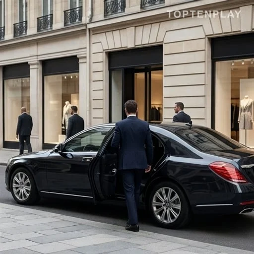 Voiture avec chauffeur devant des boutiques de luxe