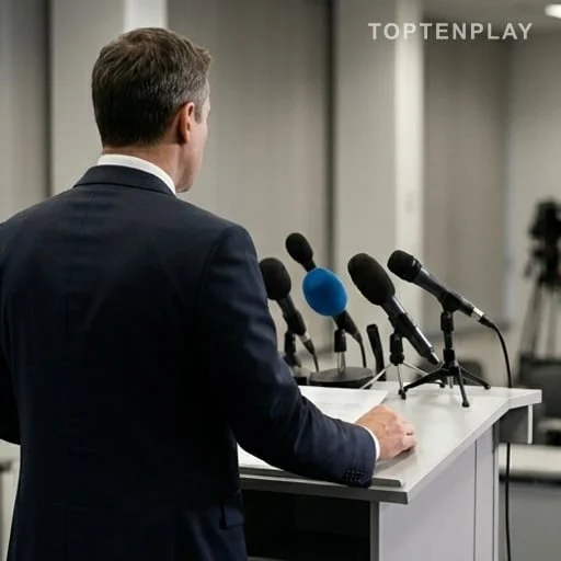 Pupitre politique et micros sur fond institutionnel