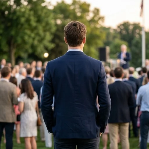 Silhouette d'un jeune homme en veste élégante sans cravate lors d'un événement estival