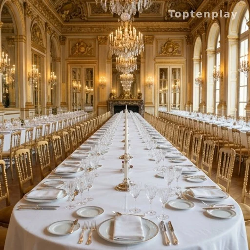 Salle de réception d'un château français préparée pour un dîner d'État officiel