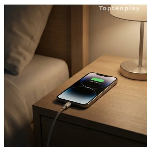 Smartphone branché toute la nuit affichant une batterie chargée à 100 %