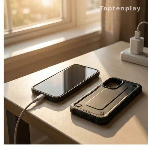 Téléphone en charge posé à plat avec coque retirée pour éviter la surchauffe