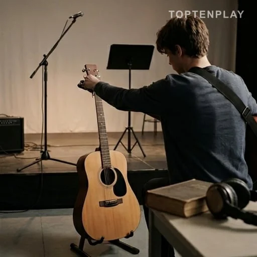 Musicien de dos avec guitare et livre posé
