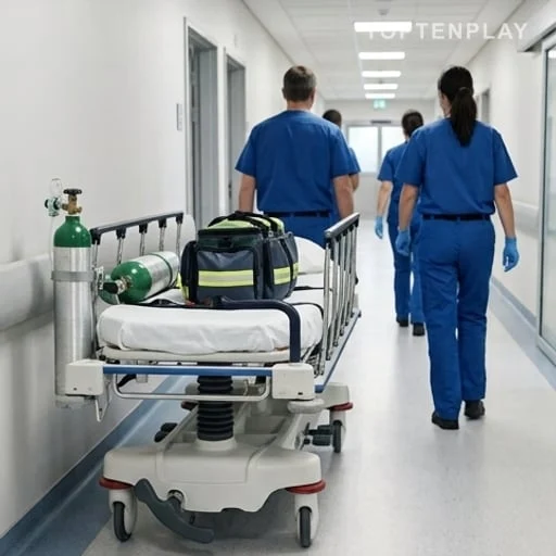 Brancard médical dans un couloir d’hôpital