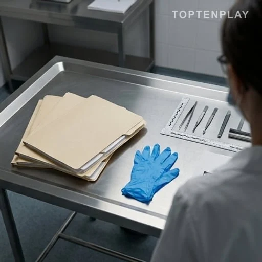 Dossier médical et gants pour une autopsie