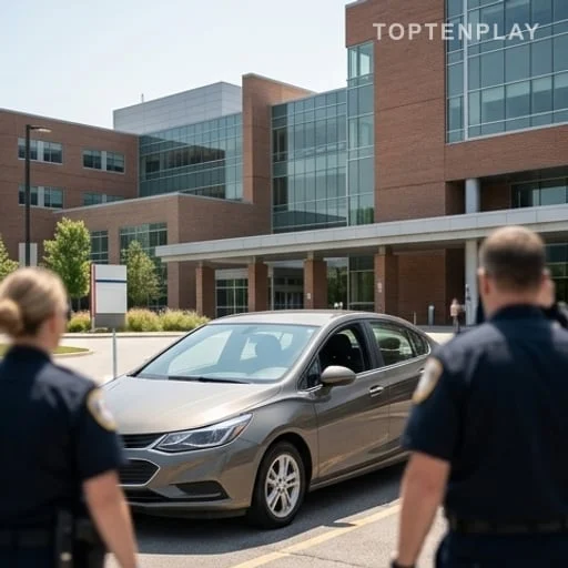 Voiture stationnée près d’un campus hospitalier en été