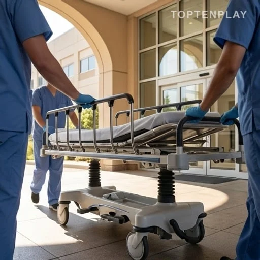 Brancard devant une entrée d’hôpital en urgence