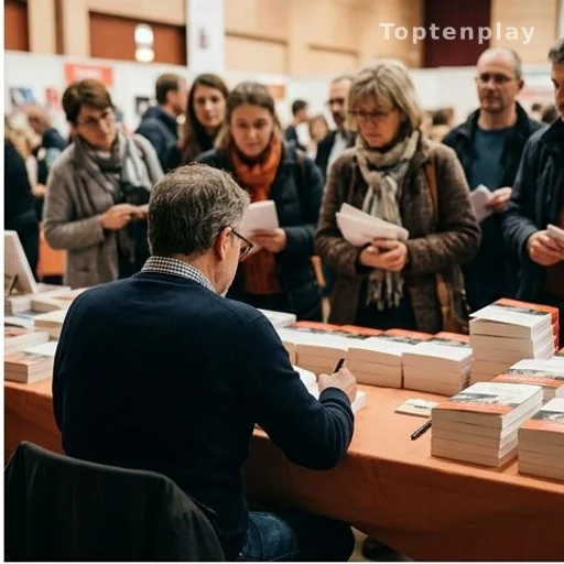 Auteur de dos lors d'une séance de dédicaces dans un festival littéraire