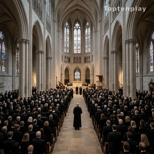 Intérieur d'une basilique lors d'une cérémonie funèbre solennelle