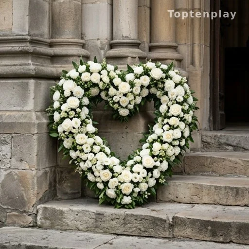 Bouquet de fleurs en forme de cœur déposé lors d'une cérémonie funèbre