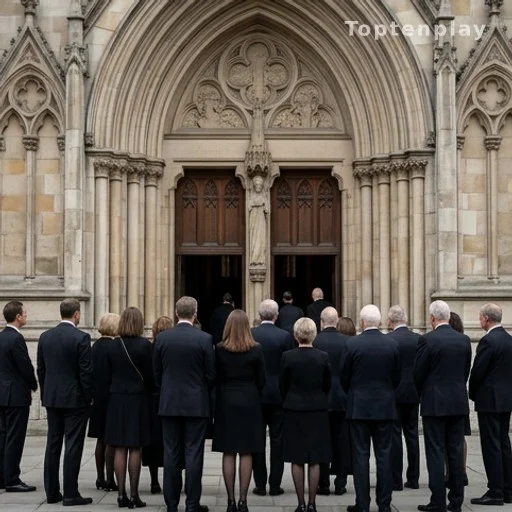 Personnalités politiques réunies à l'entrée d'une basilique pour des obsèques