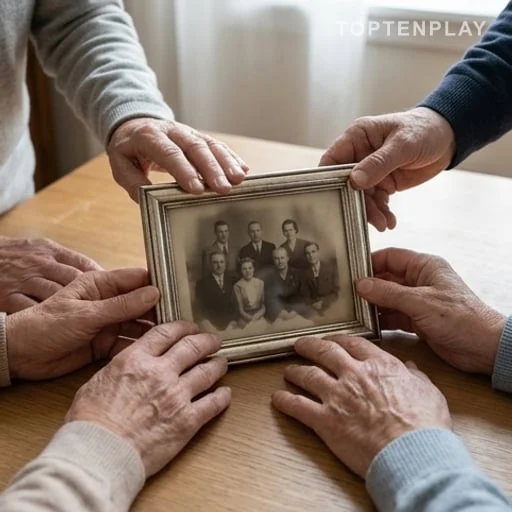 Mains familiales autour d’un portrait sans visage