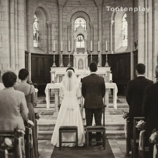 Cérémonie de mariage en noir et blanc, évoquant l'union de Bernadette et Jacques Chirac en 1956