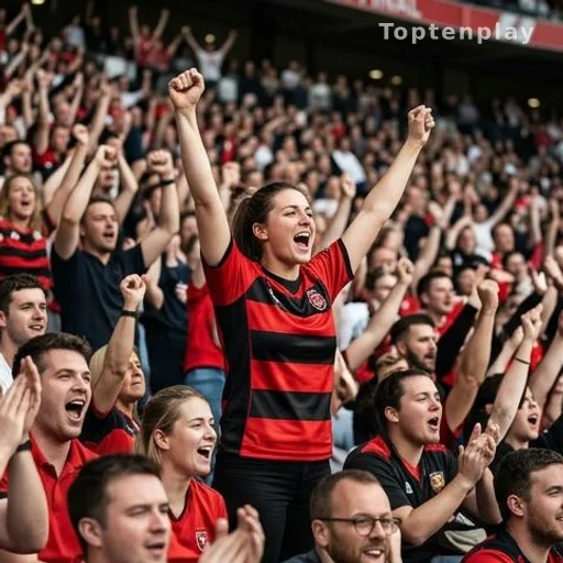 Supportrice en maillot rouge et noir célébrant la victoire en finale du Top 14