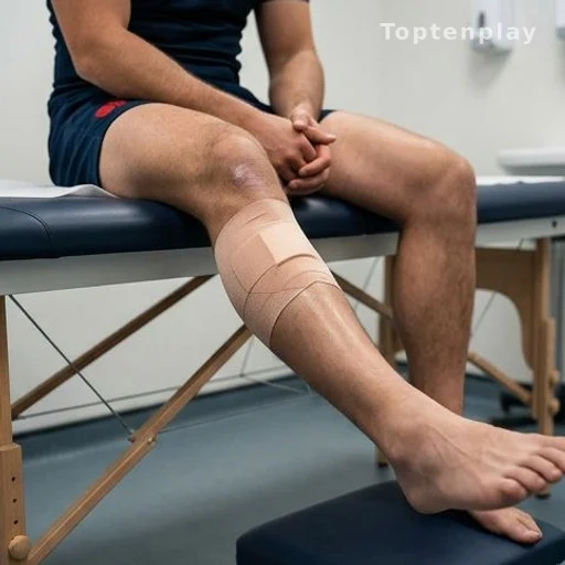 Blessure au mollet d'un sportif en salle de soins médicaux