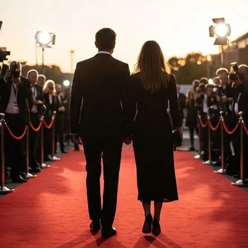 Couple vu de dos sur un tapis rouge lors d'un événement médiatique