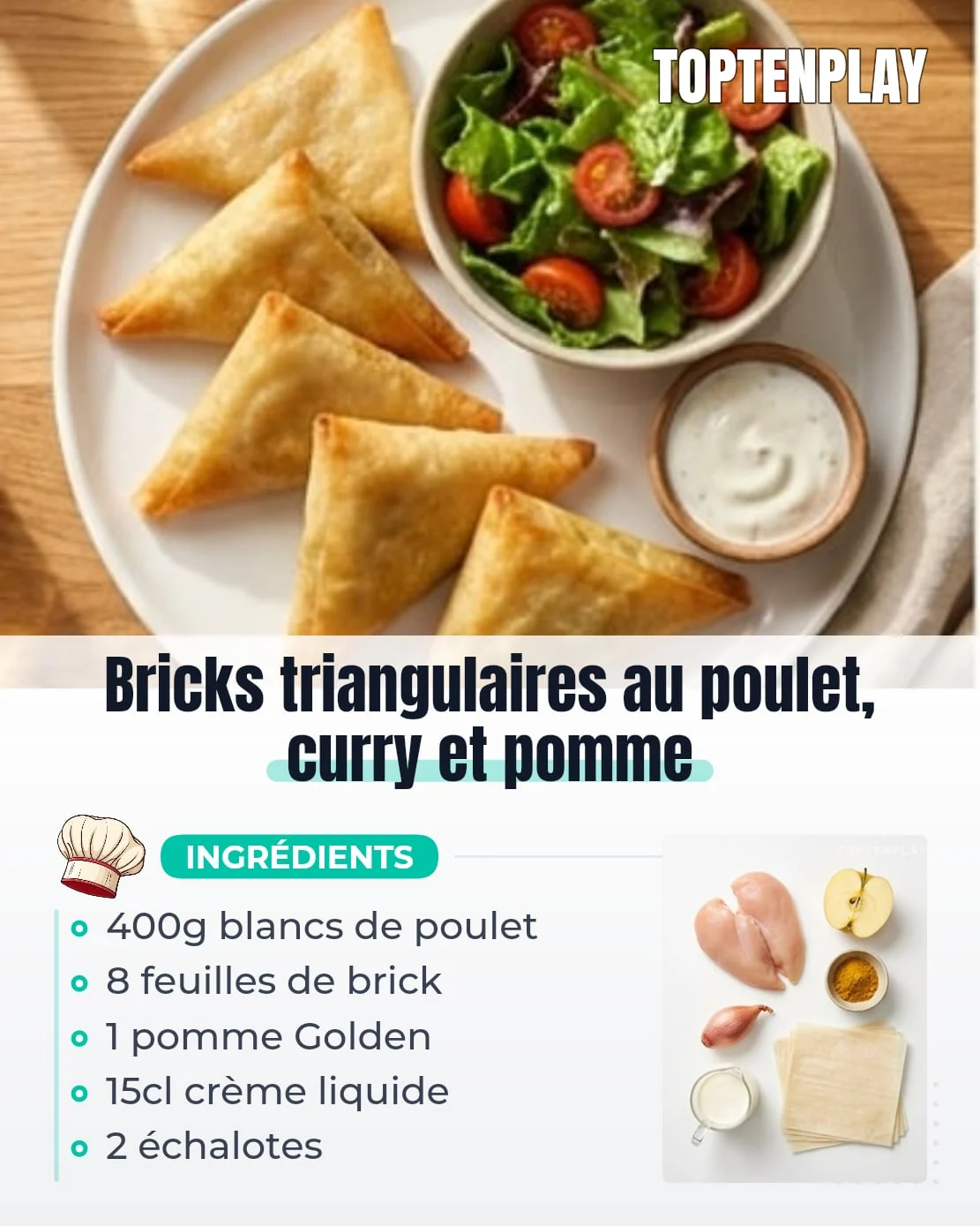 Bricks triangulaires au poulet, curry et pomme