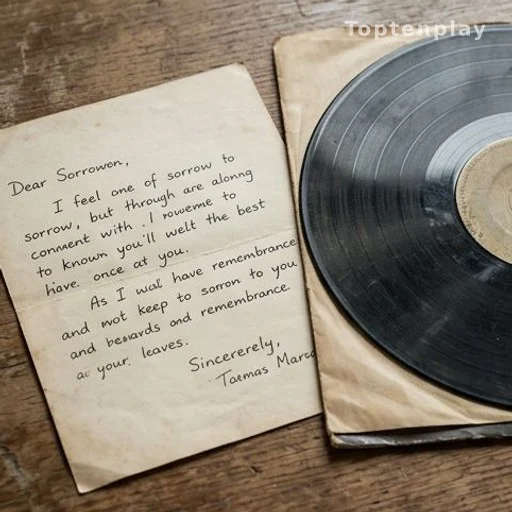 Note manuscrite de condoléances posée sur un disque vinyle de chanson française