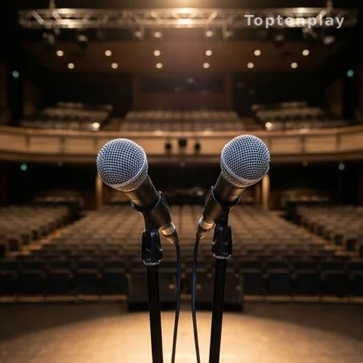 Deux microphones côte à côte sur une scène de concert vide, lumière chaude