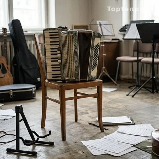 Accordéon posé contre une chaise dans une salle de répétition, partitions au sol