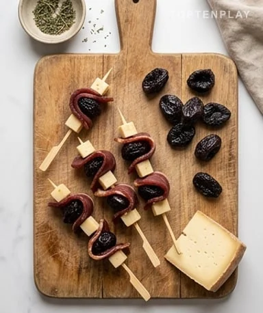 Brochettes de pruneaux, magret de canard séché et Ossau-Iraty