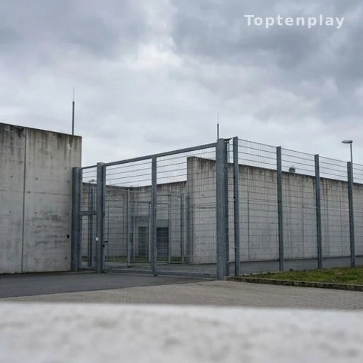 Façade d'un établissement pénitentiaire allemand, murs en béton et grillages, ciel couvert