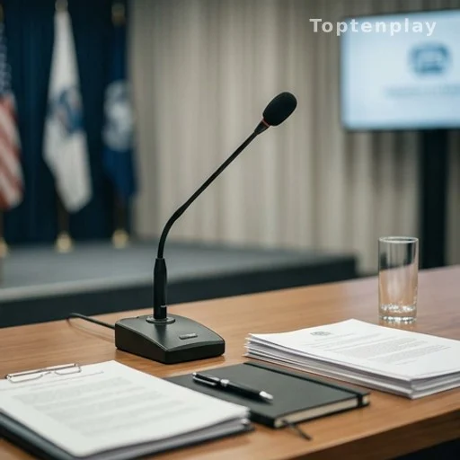 Microphone de conférence de presse lors d'une mise en examen judiciaire