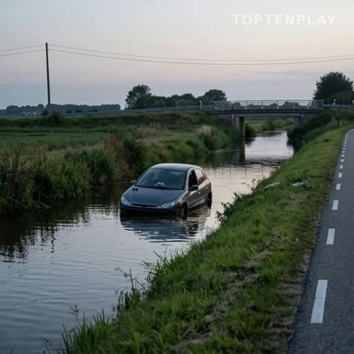 Voiture accidentée près d’un canal après une sortie de route