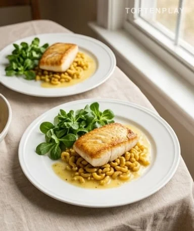 Cabillaud aux Coquillettes Curry et Sauce Beurre Citron